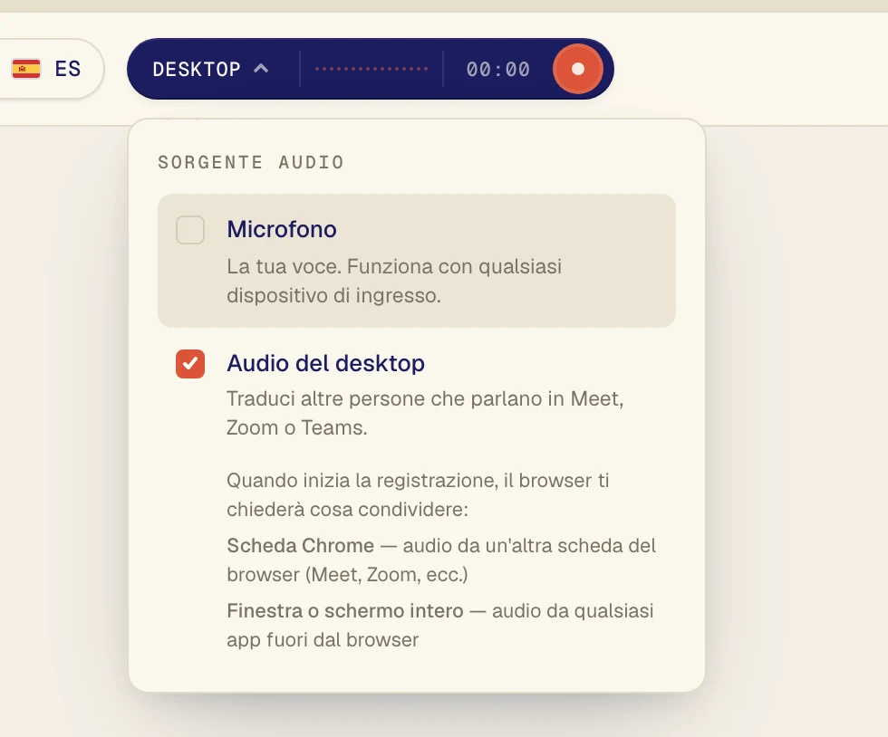 Fai clic su Audio del desktop in modo che abbia il segno di spunta. Lascia attivo Microfono solo se vuoi tradurre anche la tua voce.