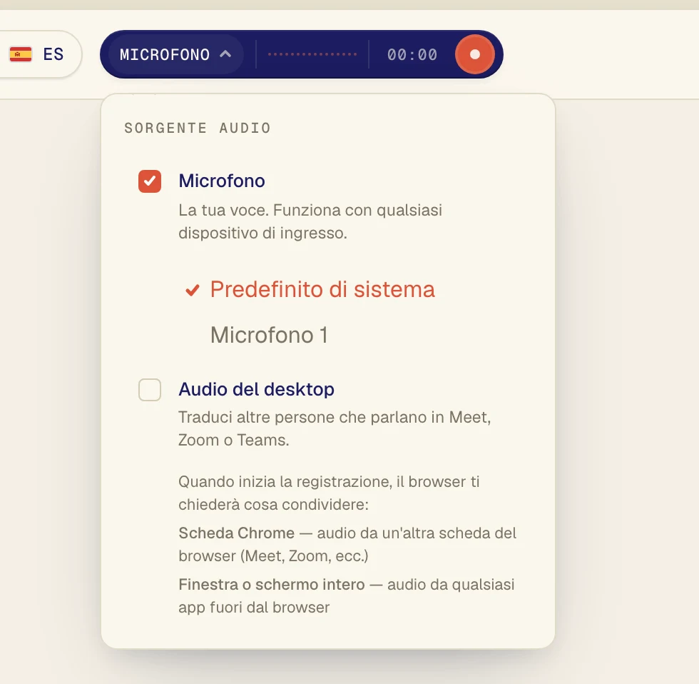 Assicurati che Microfono sia selezionato, poi scegli il tuo microfono nell'elenco sotto. Predefinito di sistema usa quello impostato sul computer. Se usi un headset, sceglilo per nome.