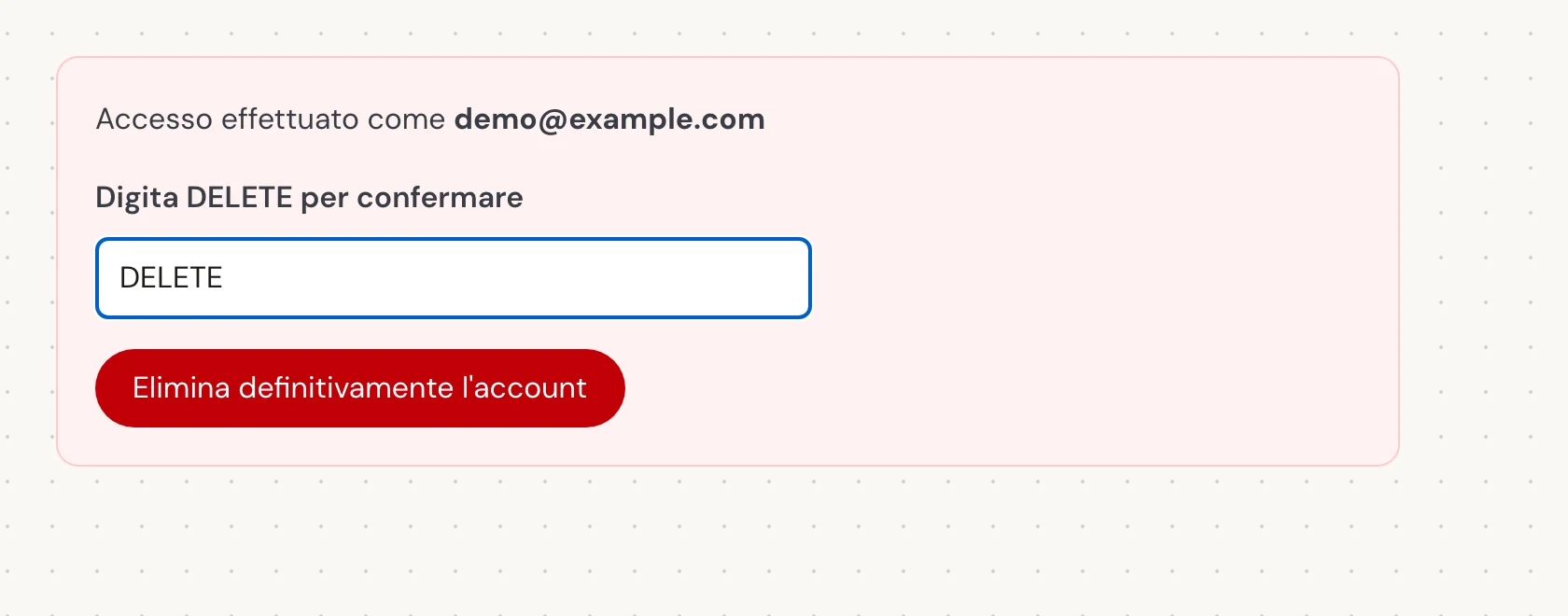 In Digita DELETE per confermare, inserisci l'esatta parola in maiuscolo DELETE, anche se utilizzi Verli in un'altra lingua. Quindi seleziona Elimina definitivamente l'account. Questo chiude definitivamente l'account ed elimina la cronologia salvata.