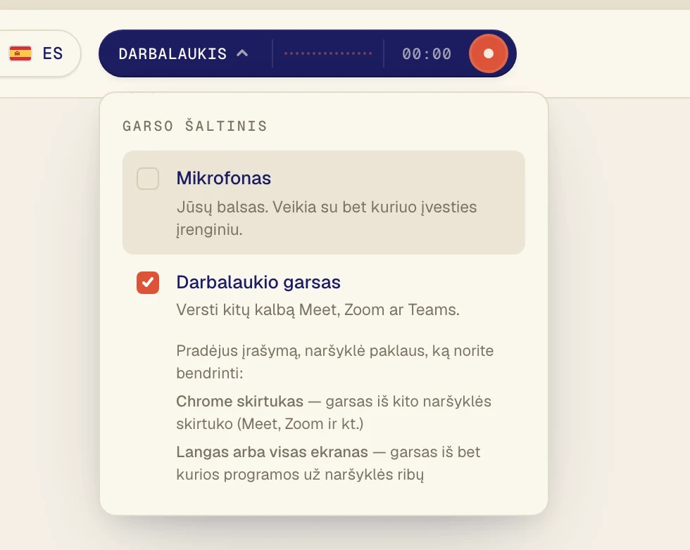 Spustelėkite Darbalaukio garsas, kad prie jo atsirastų varnelė. Palikite Mikrofonas įjungtą tik tada, jei norite versti ir savo balsą.