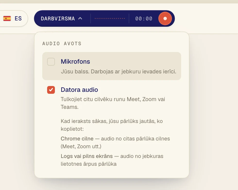 Noklikšķiniet uz Datora audio, lai pie tā būtu atzīme. Atstājiet Mikrofons ieslēgtu tikai tad, ja vēlaties tulkot arī savu balsi.