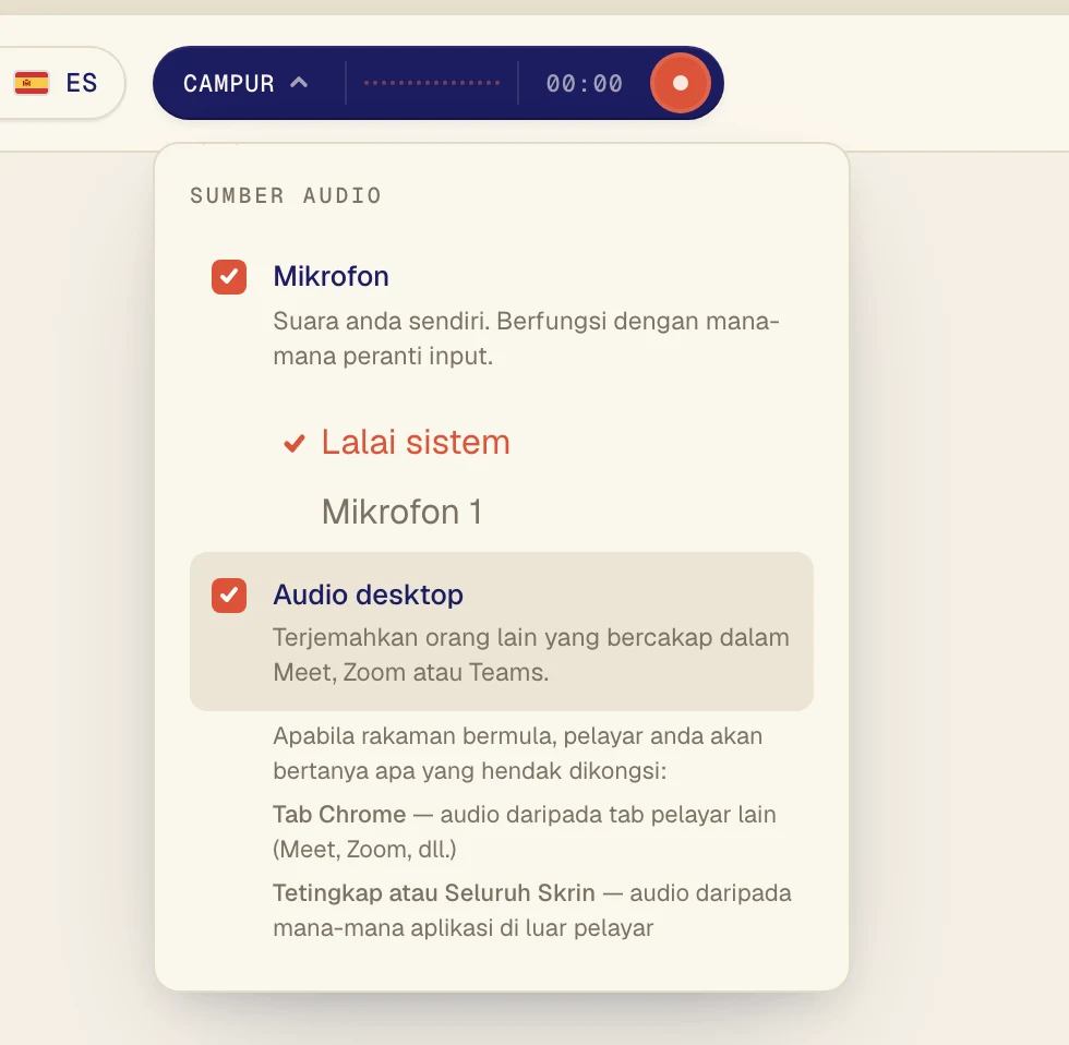 Hidupkan Audio desktop untuk mendengar orang lain dalam panggilan. Biarkan Mikrofon hidup jika anda juga mahu kata-kata anda sendiri diterjemahkan.
