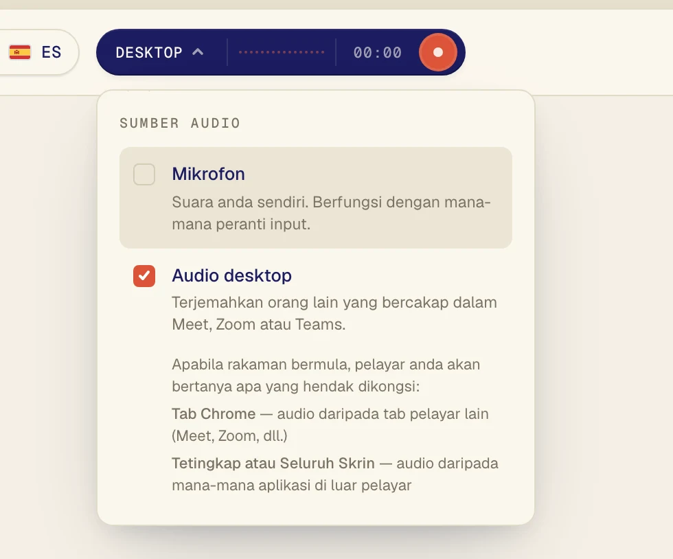 Klik Audio desktop supaya ada tanda semak padanya. Biarkan Mikrofon hidup hanya jika anda juga mahu suara anda sendiri diterjemahkan.
