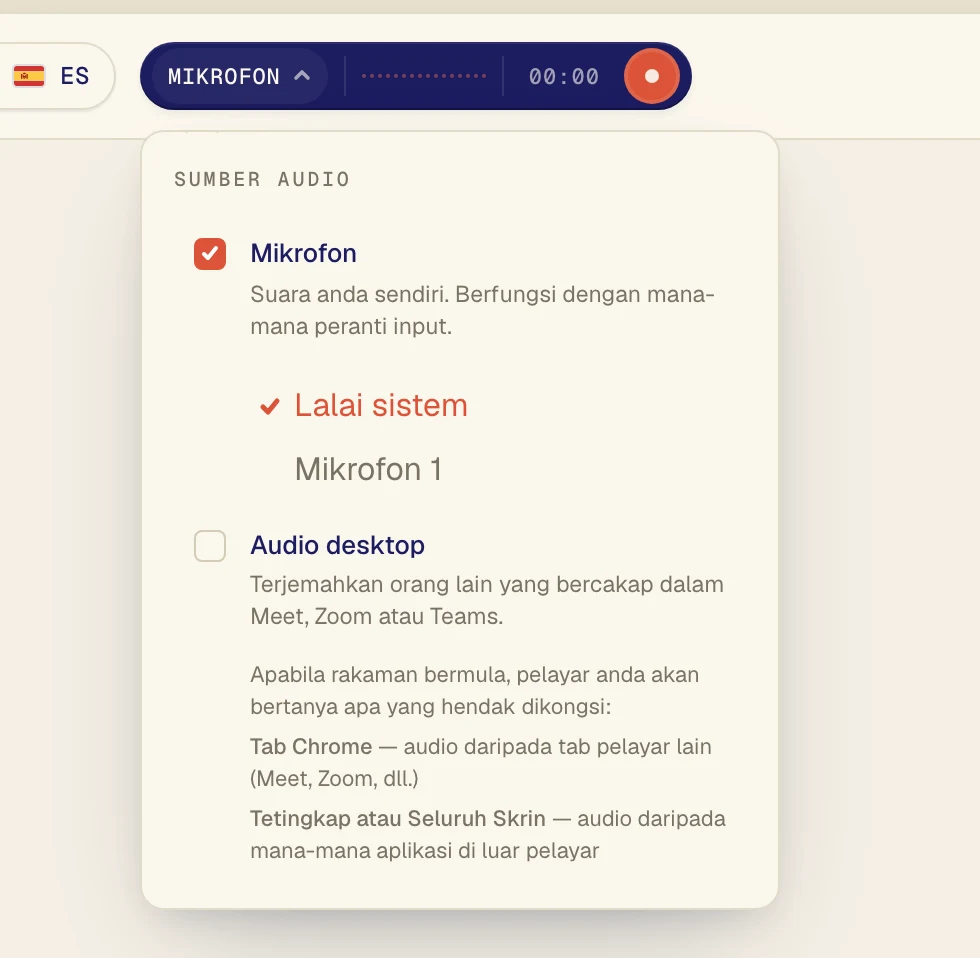 Pastikan Mikrofon ditandakan, kemudian pilih mikrofon anda dalam senarai di bawahnya. Lalai sistem menggunakan mikrofon yang ditetapkan pada komputer anda. Jika anda menggunakan set kepala, pilih set kepala itu mengikut namanya.