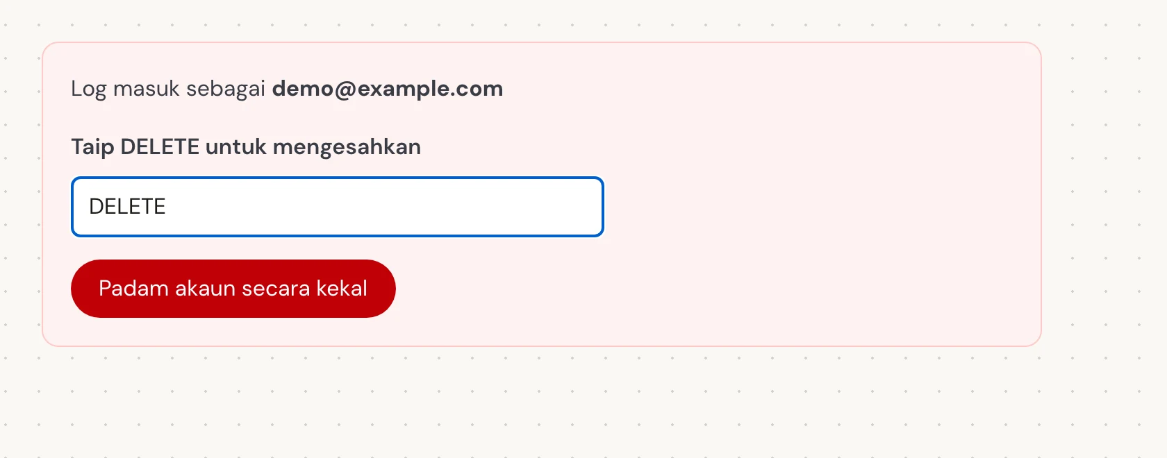 Dalam Taip DELETE untuk mengesahkan, masukkan perkataan huruf besar yang tepat DELETE, walaupun anda menggunakan Verli dalam bahasa lain. Kemudian pilih Padam akaun secara kekal. Ini menutup akaun secara kekal dan memadamkan sejarah yang disimpan.