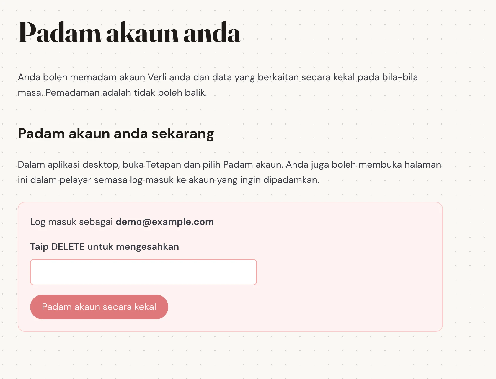 Semak e-mel yang ditunjukkan di sebelah Log masuk sebagai. Pastikan ia adalah akaun yang sejarah simpannya ingin anda alih keluar. Baca perkara yang akan dipadamkan sebelum meneruskan.