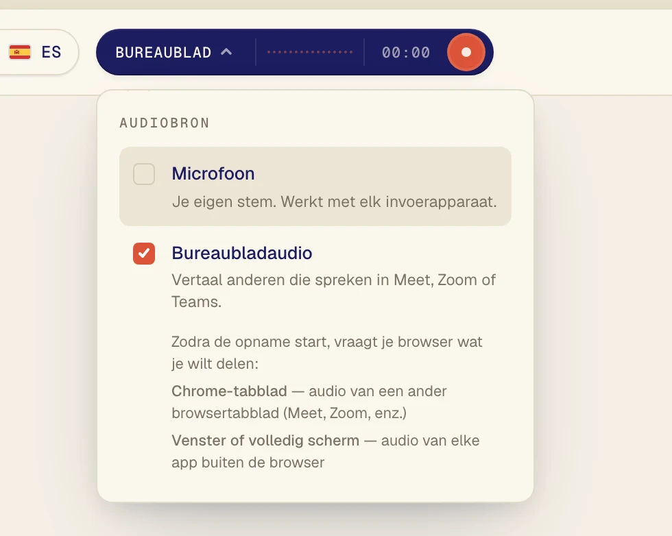 Klik op Bureaubladaudio zodat er een vinkje bij staat. Laat Microfoon alleen aan als je ook je eigen stem wilt laten vertalen.