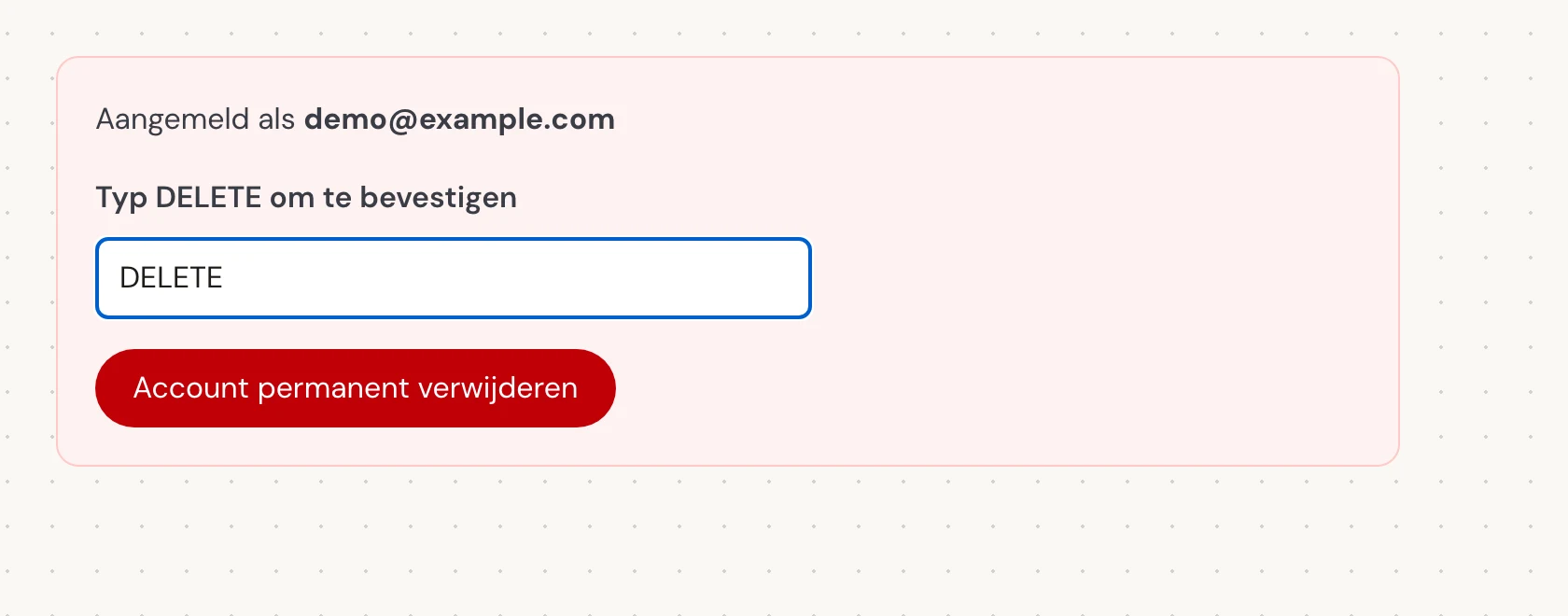 Voer bij Typ DELETE om te bevestigen het exacte hoofdlettergevoelige woord DELETE in, zelfs als je Verli in een andere taal gebruikt. Selecteer vervolgens Account permanent verwijderen. Dit sluit het account permanent en verwijdert de opgeslagen geschiedenis.