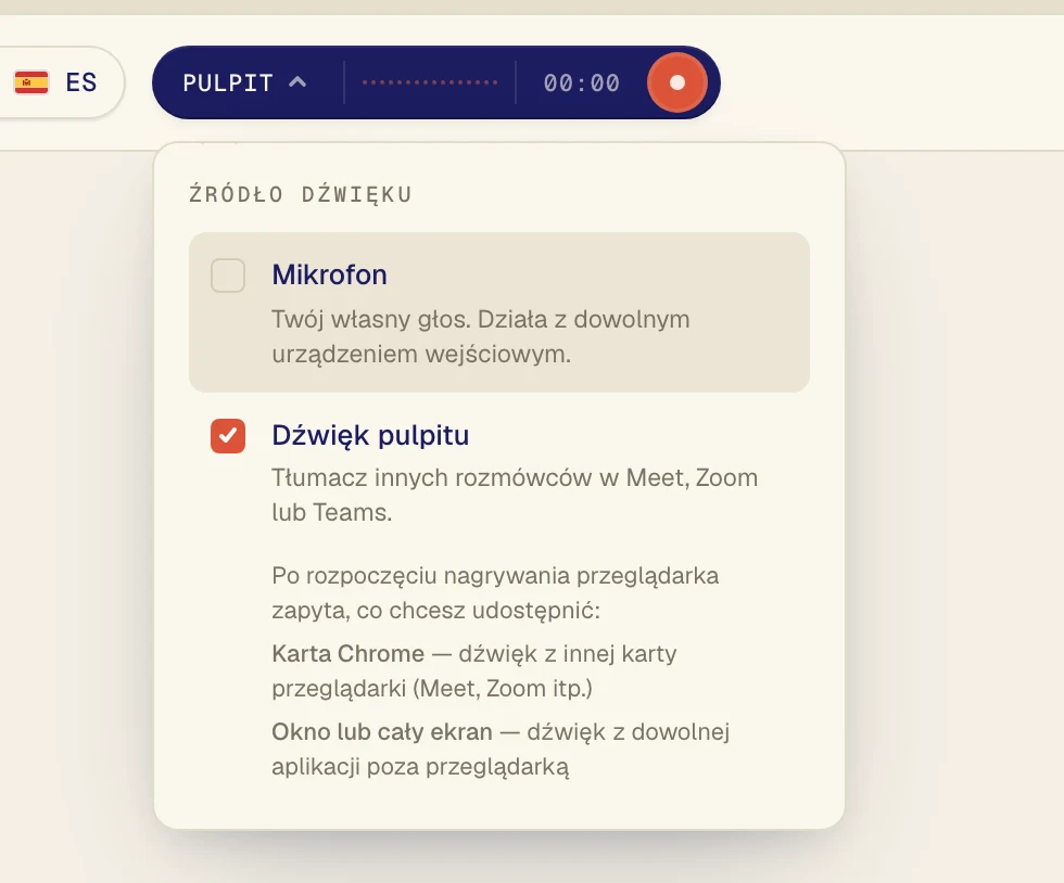 Kliknij Dźwięk pulpitu, aby pojawił się przy nim znacznik wyboru. Zostaw włączony Mikrofon tylko wtedy, gdy chcesz tłumaczyć też swój głos.