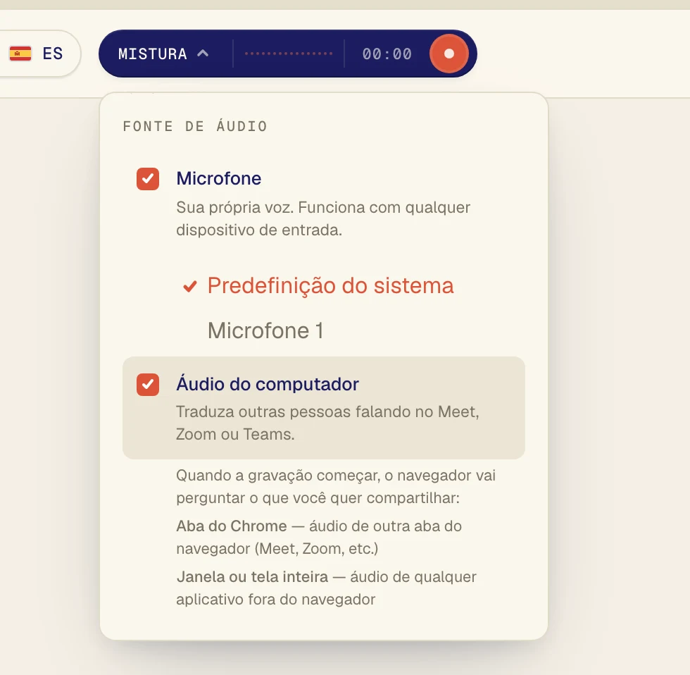 Ative Áudio do computador para ouvir as outras pessoas da chamada. Deixe Microfone ativado se você também quiser traduzir o que você diz.