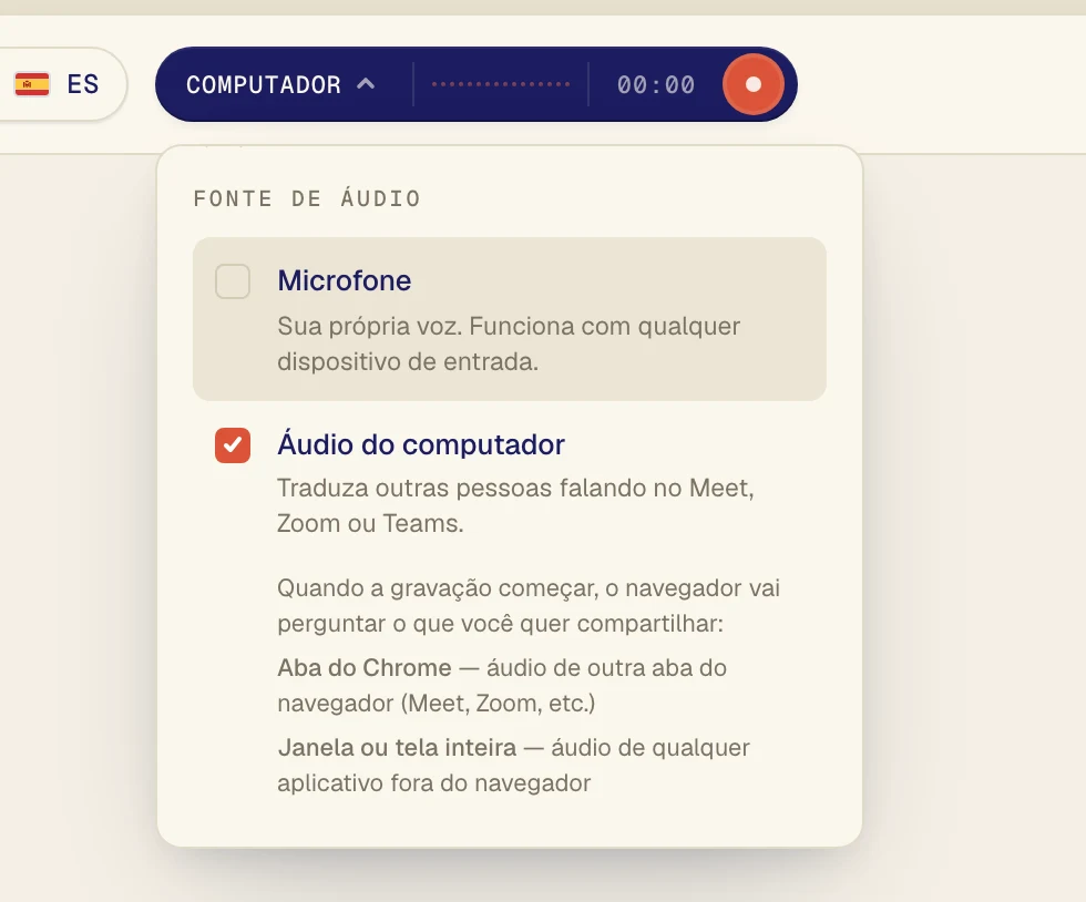 Clique em Áudio do computador para que fique marcado. Deixe Microfone ativado só se você também quiser traduzir a sua própria voz.