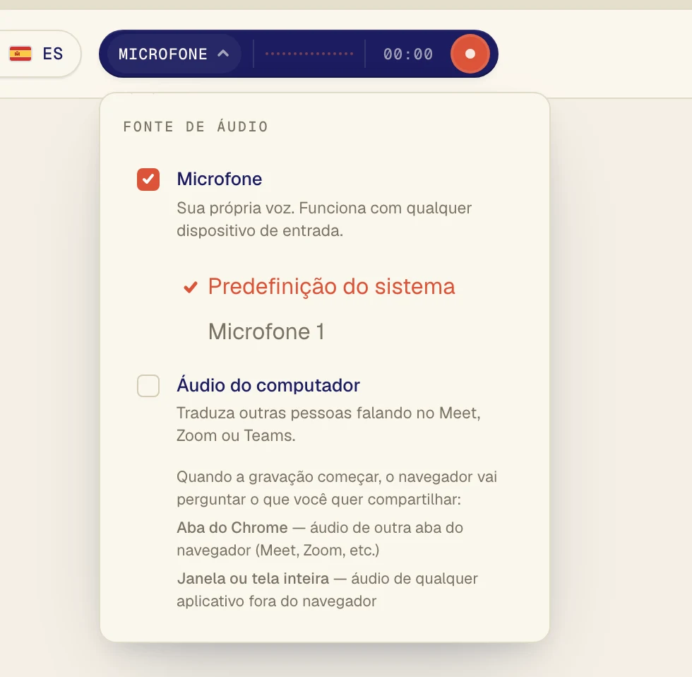 Confira se Microfone está marcado e escolha o seu microfone na lista logo abaixo. Predefinição do sistema usa o microfone configurado no computador. Se você usa um headset, escolha pelo nome.