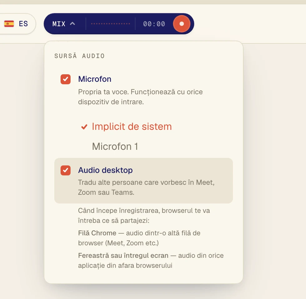 Activează Audio desktop ca să-i auzi pe ceilalți participanți la apel. Lasă Microfon activat dacă vrei să fie traduse și cuvintele tale.
