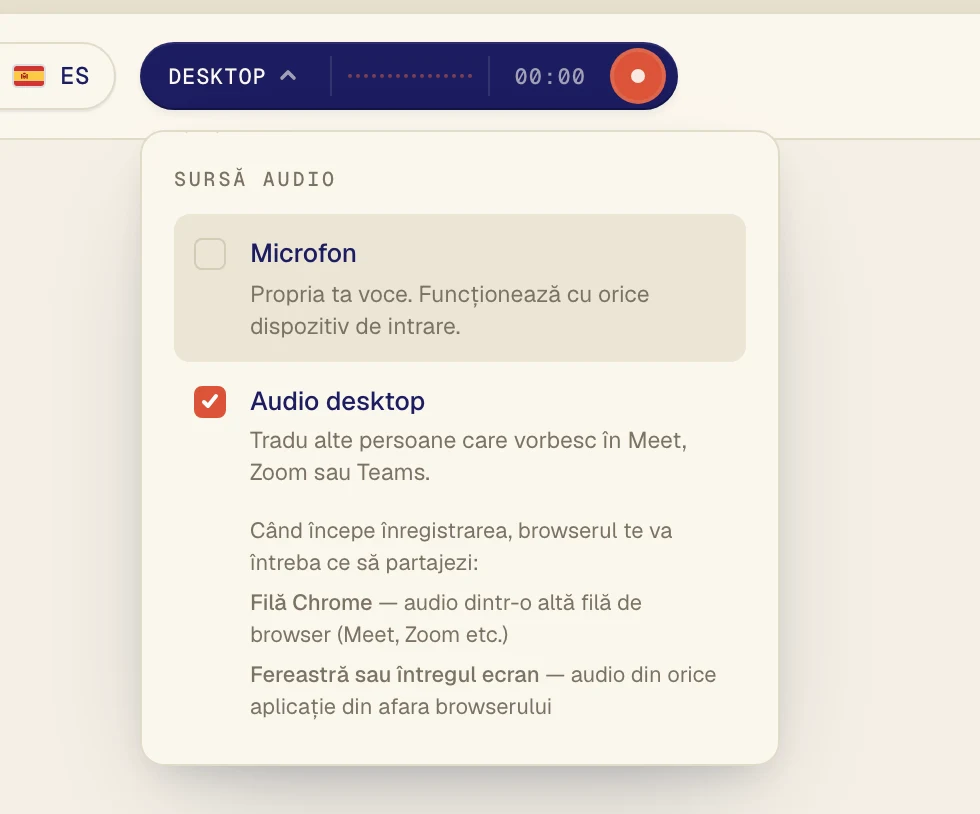 Dă clic pe Audio desktop ca să fie bifat. Lasă Microfon activat doar dacă vrei să-ți traduci și propria voce.