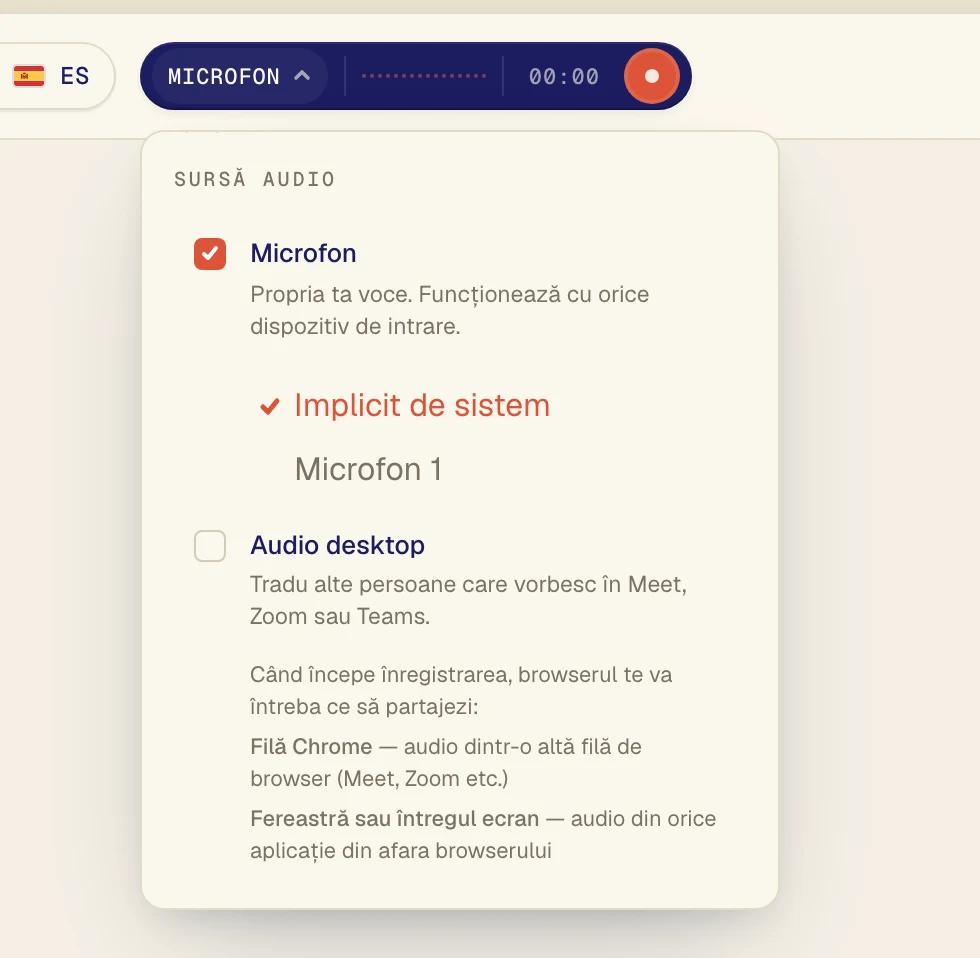 Asigură-te că Microfon este bifat, apoi alege microfonul din lista de sub el. Implicit de sistem folosește microfonul setat pe computer. Dacă folosești căști cu microfon, alege-le după nume.