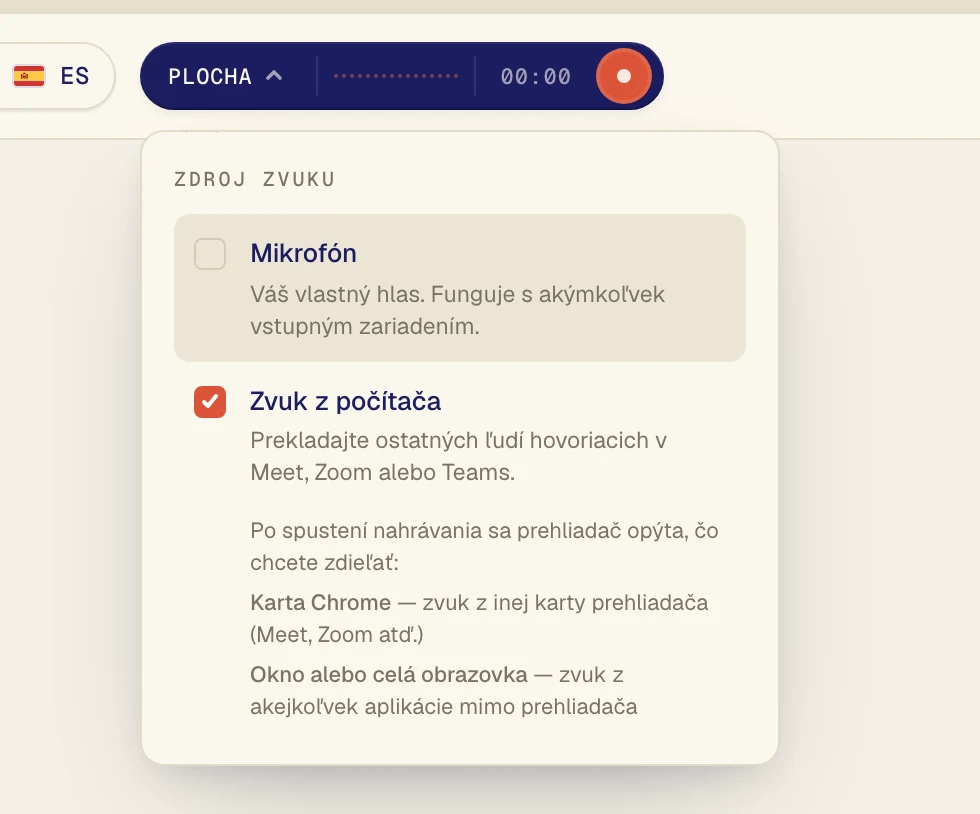 Kliknite na Zvuk z počítača, aby bol začiarknutý. Mikrofón nechajte zapnutý, iba ak chcete prekladať aj svoj hlas.
