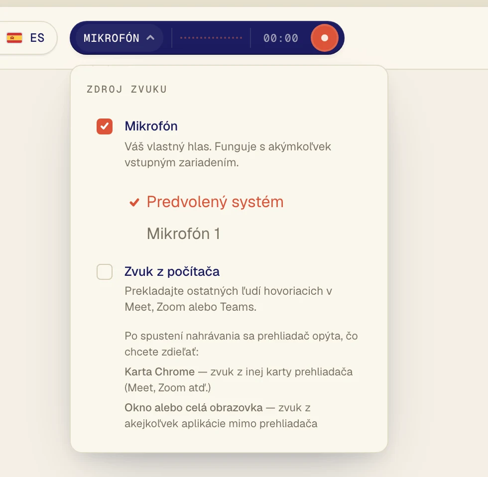Uistite sa, že Mikrofón je začiarknutý, a v zozname pod ním vyberte svoj mikrofón. Predvolený systém použije mikrofón nastavený v počítači. Ak používate headset, vyberte ho podľa názvu.