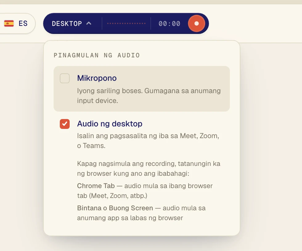 I-click ang Audio ng desktop para magkaroon ito ng check mark. Iwanang naka-on ang Mikropono kung gusto mo ring maisalin ang sarili mong boses.