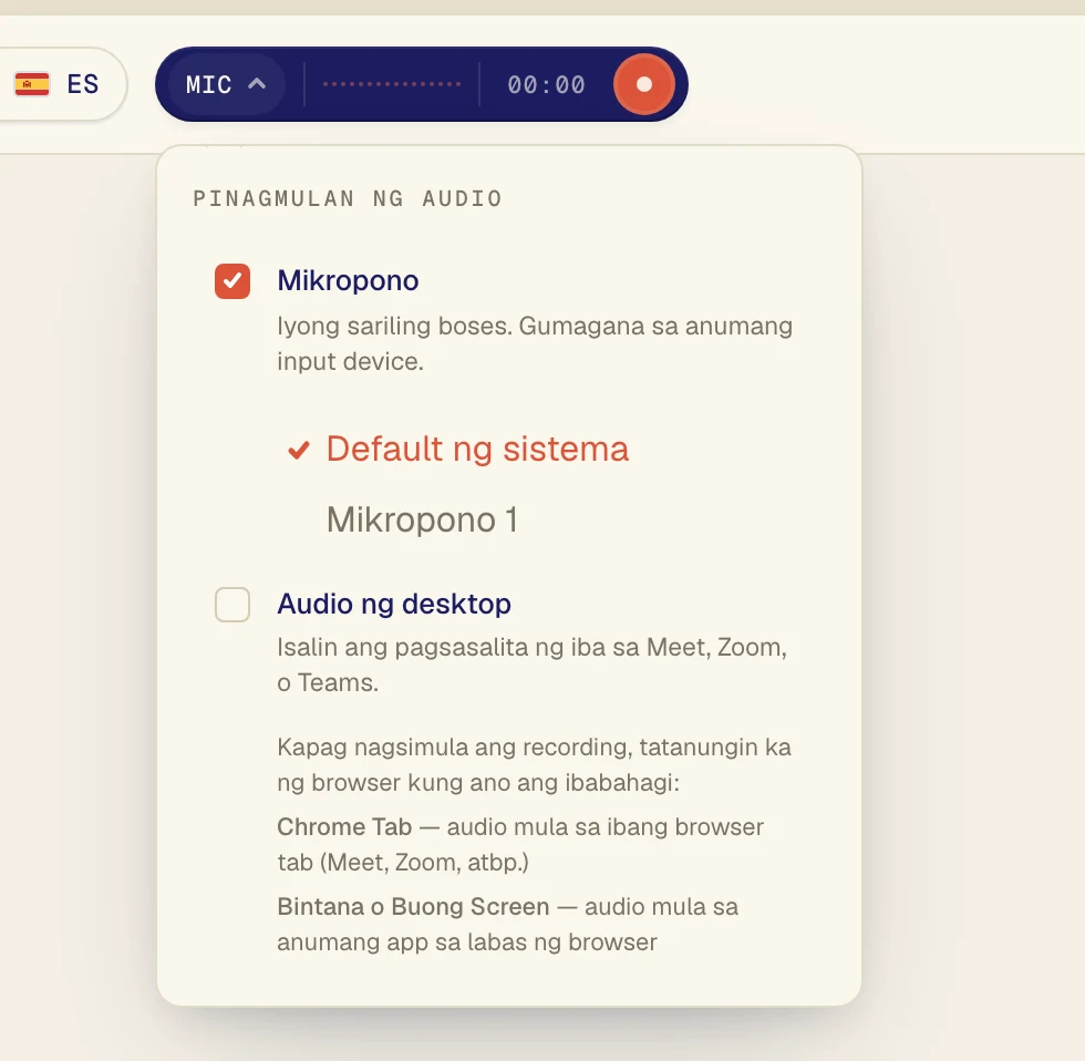 Siguraduhing naka-check ang Mikropono, saka piliin ang mikropono mo sa listahan sa ilalim nito. Ginagamit ng Default ng sistema ang mikroponong naka-set sa computer mo. Kung headset ang gamit mo, piliin ito ayon sa pangalan.