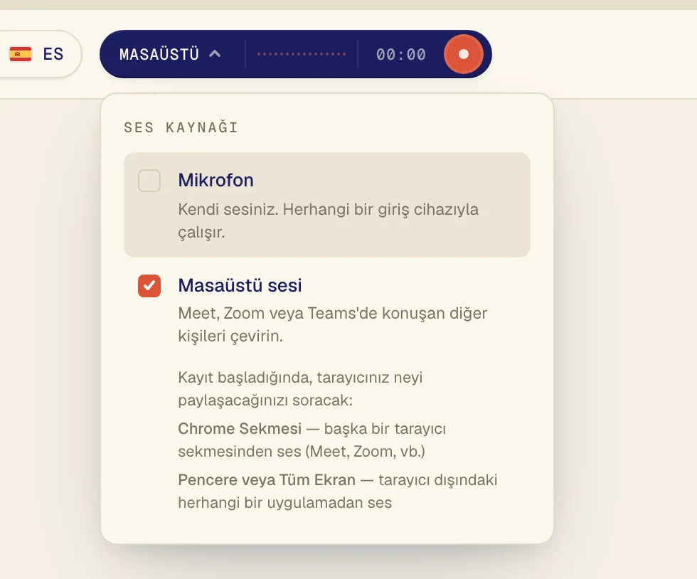 Masaüstü sesi seçeneğine tıklayarak yanına onay işareti koyun. Mikrofon seçeneğini yalnızca kendi sesinizin de çevrilmesini istiyorsanız açık bırakın.