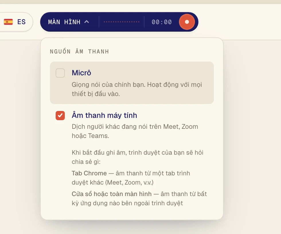 Nhấp vào Âm thanh máy tính để có dấu tích. Chỉ để Micrô bật nếu bạn cũng muốn dịch giọng nói của chính mình.